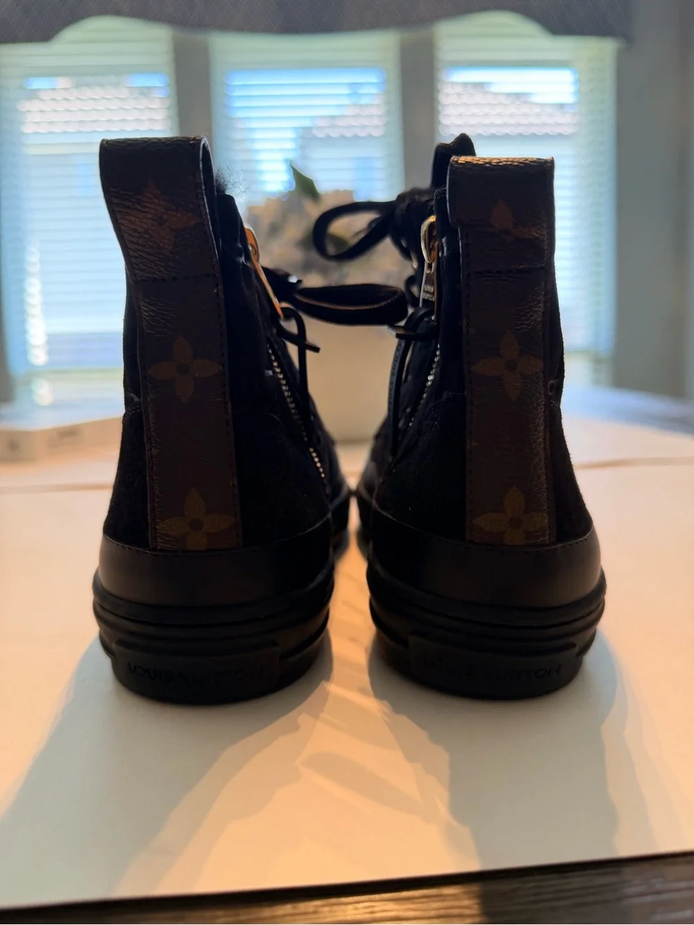 Black Suede Monogram Louis Vuitton High-Top Sneakers with Fur Inside